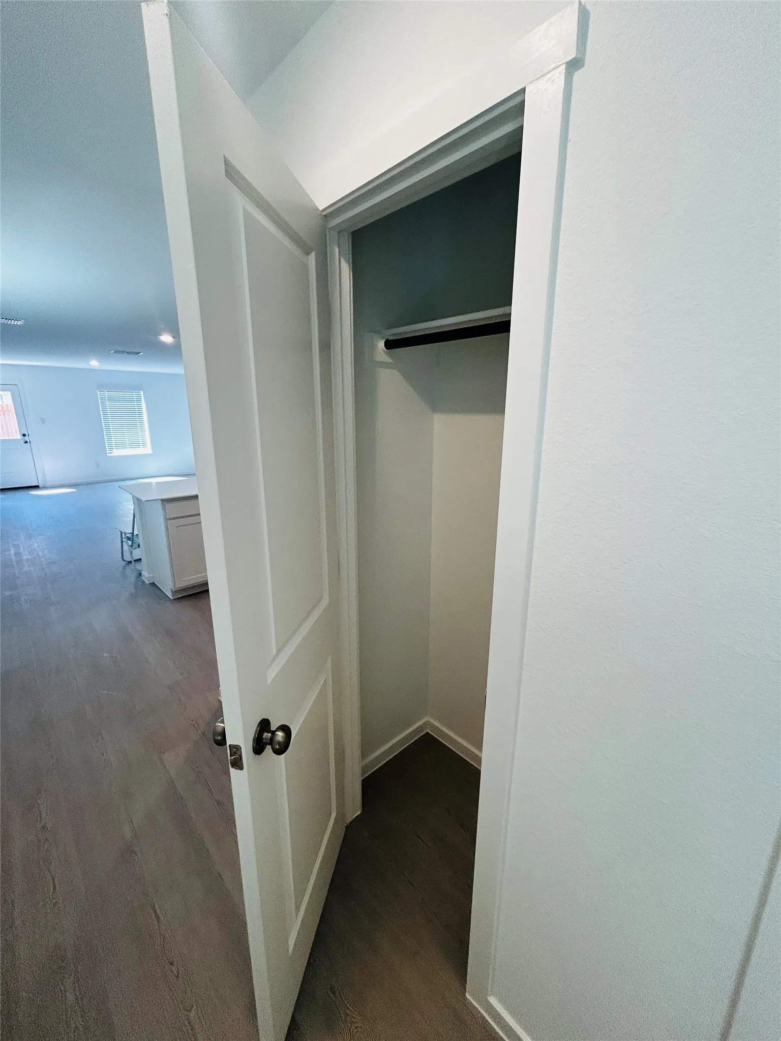 Interior closet with a clothes rod and wood-finish flooring