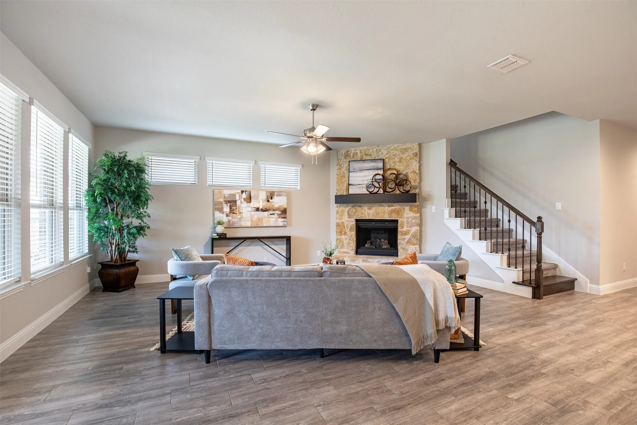 This generously sized family room can entertain a large group or family.