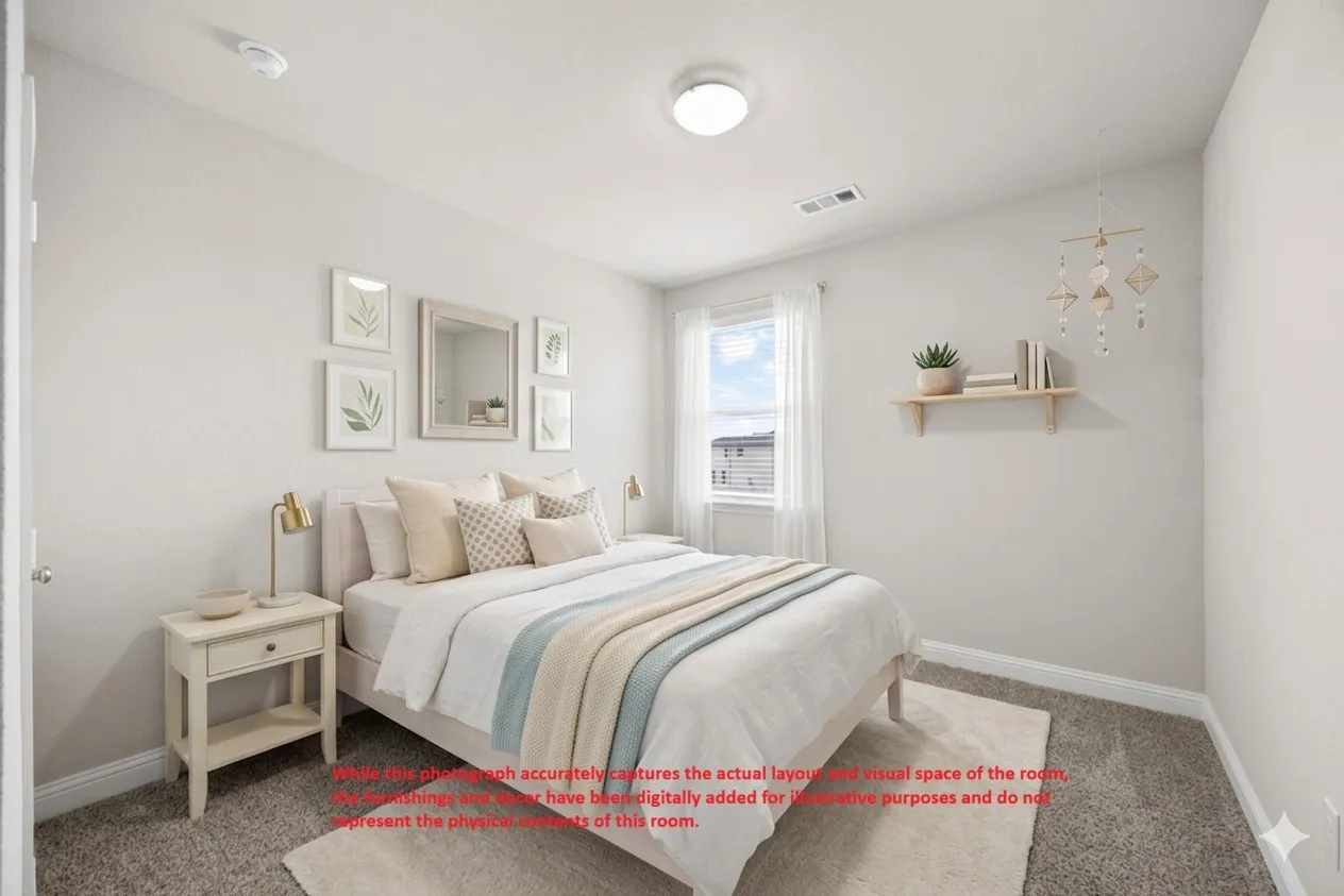 Light-filled bedroom featuring neutral-toned walls, carpeted flooring, a flush-mount ceiling light, and a window with white blinds