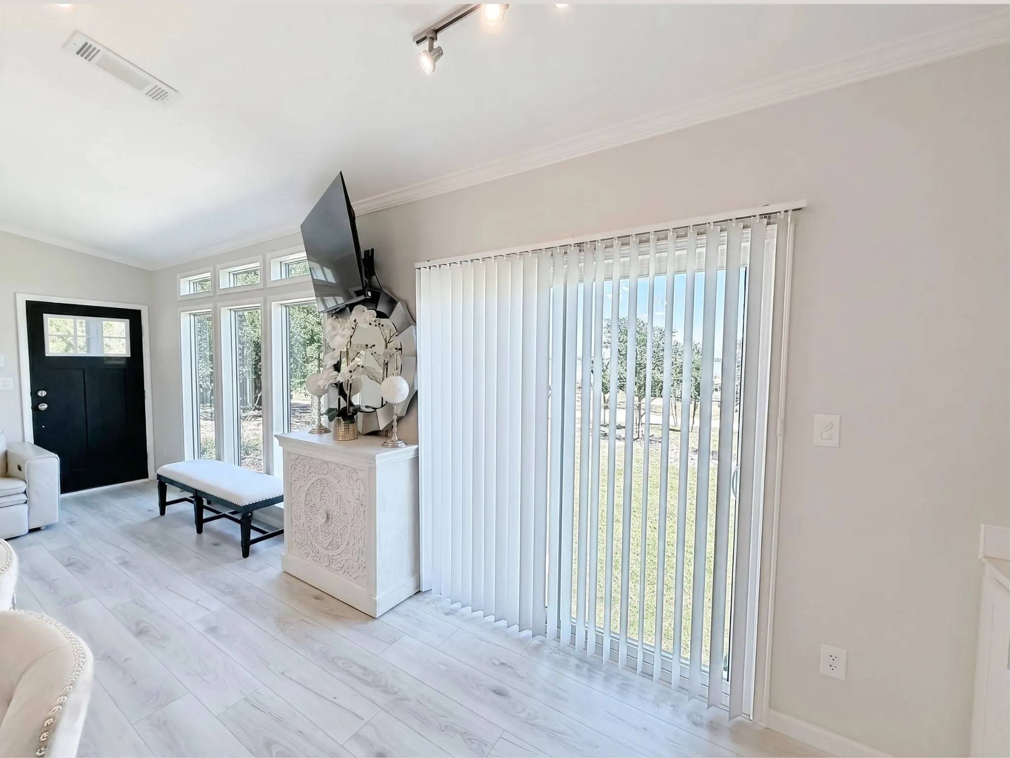 Lake view from the living and dining area with sliding glass door
