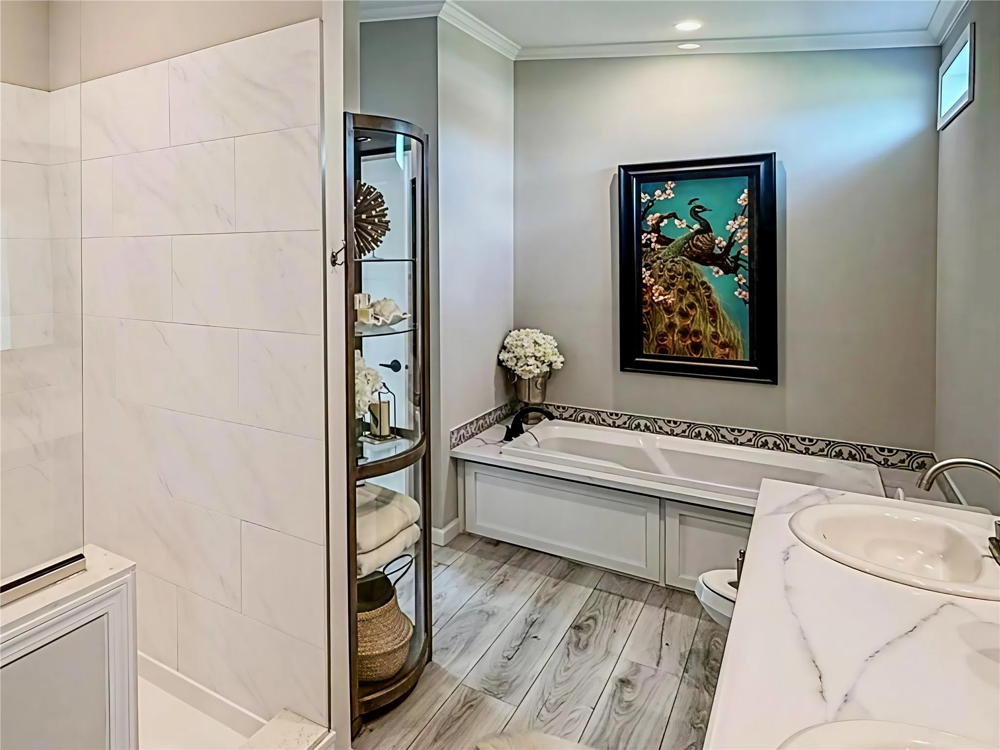 A luxurious bathroom with a relaxing, spa-like atmosphere.