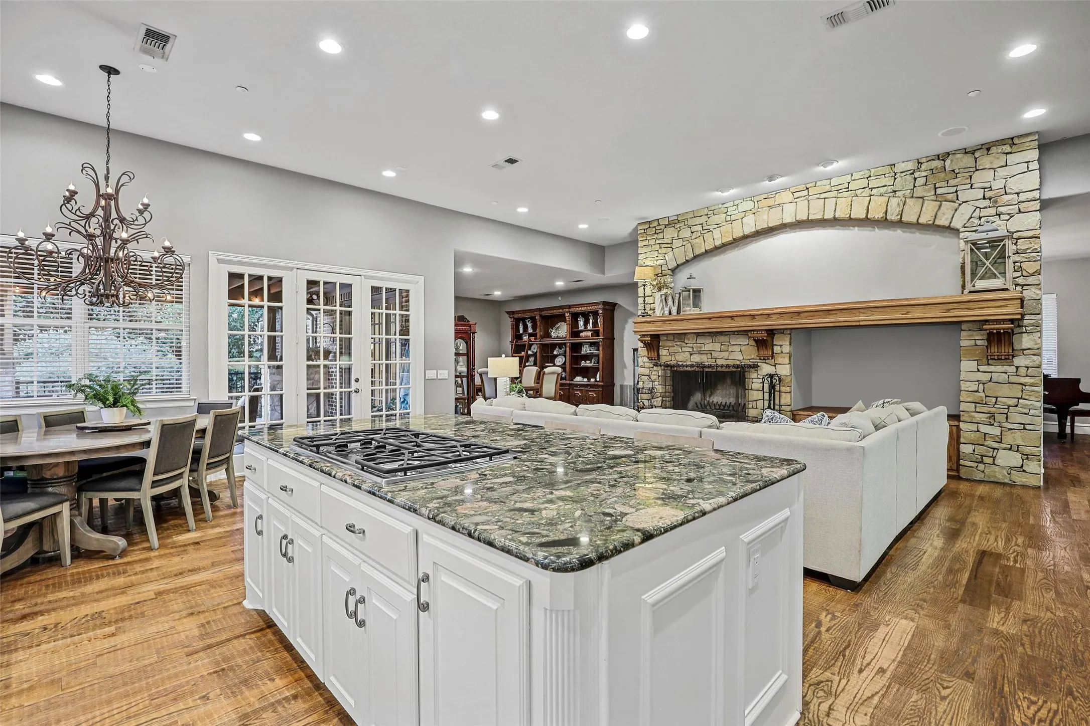 Check out that gorgeous stone fireplace