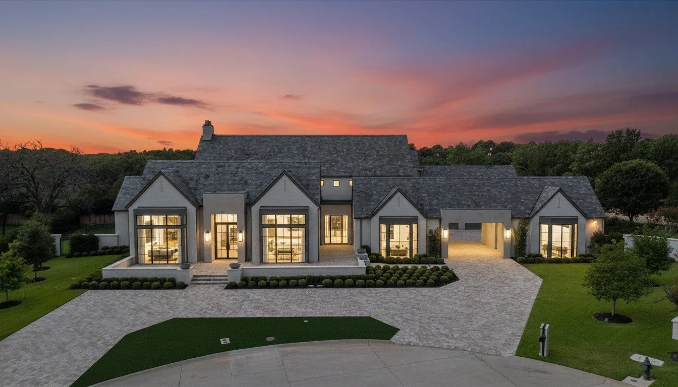 Modern European-inspired architecture featuring a gray slate roof.