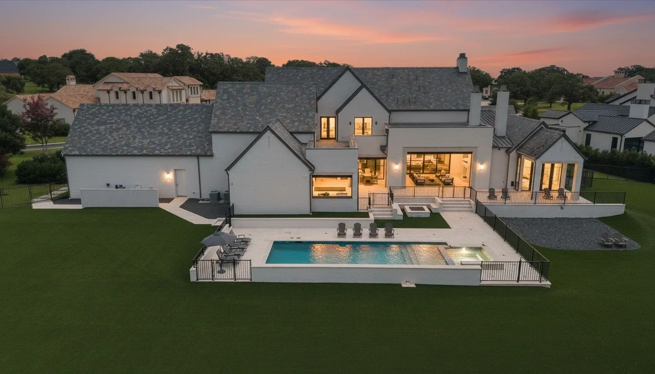 Swimming pool, integrated spa, and a spacious outdoor kitchen area. Contemporary white exterior featuring a multi-level terraced patio, integrated swimming pool with spa, and a built-in fire pit. Dog run to the right side.