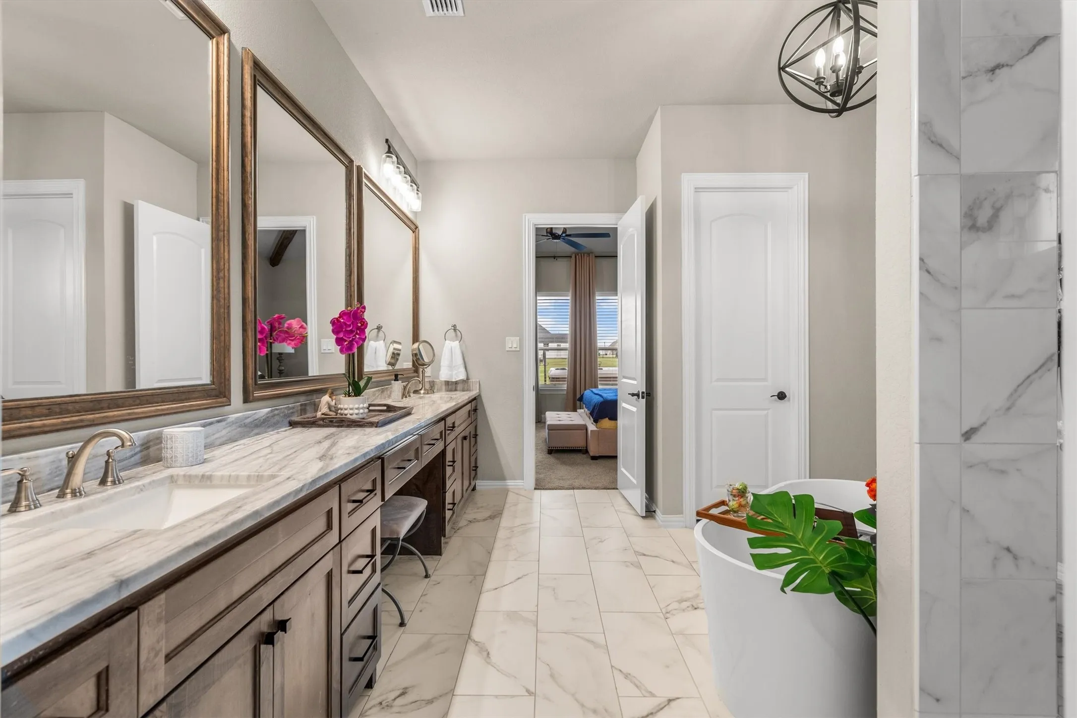 The primary bathroom has 14 feet of counter space!