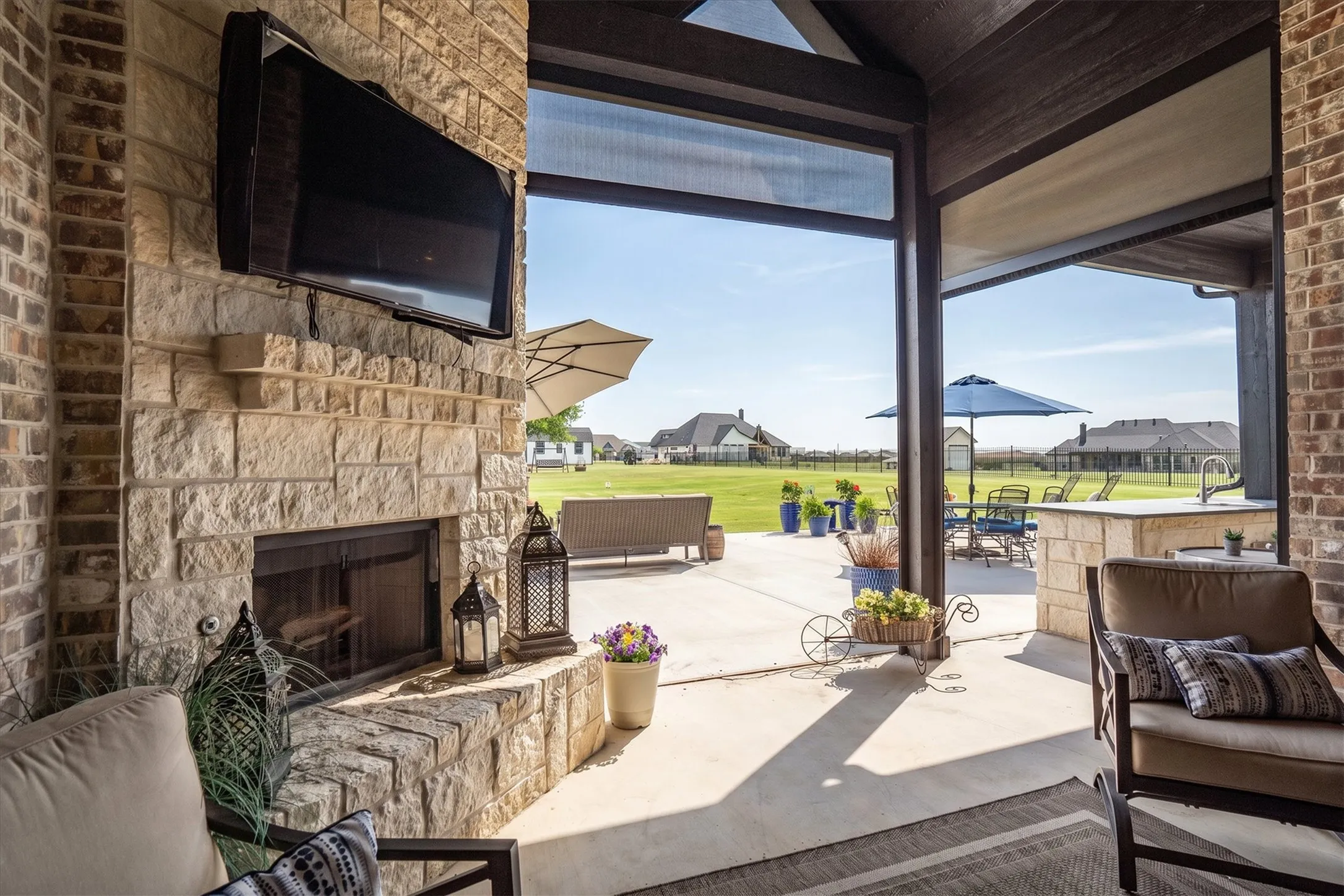 The electric sun shades will shield sun, heat and cold transforming your patio into a year round outdoor living space.