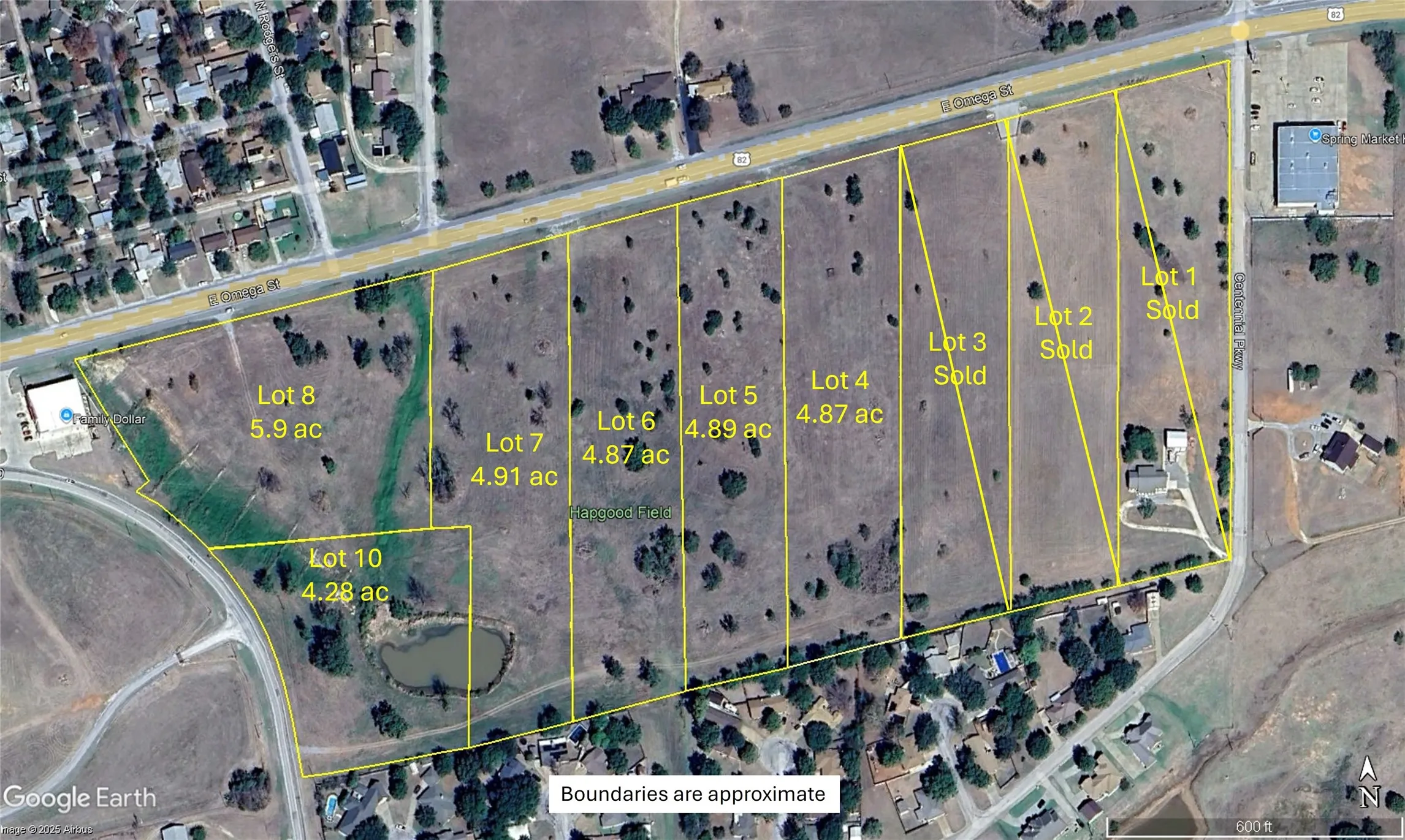Aerial overview of property's location with property boundaries highlighted