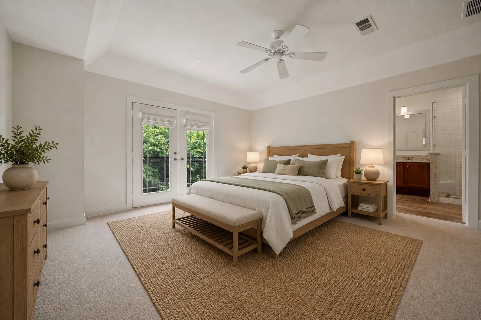Virtually Staged Primary is a large room with multiple arrangement possibilities and a private balcony overlooking the greenbelt.