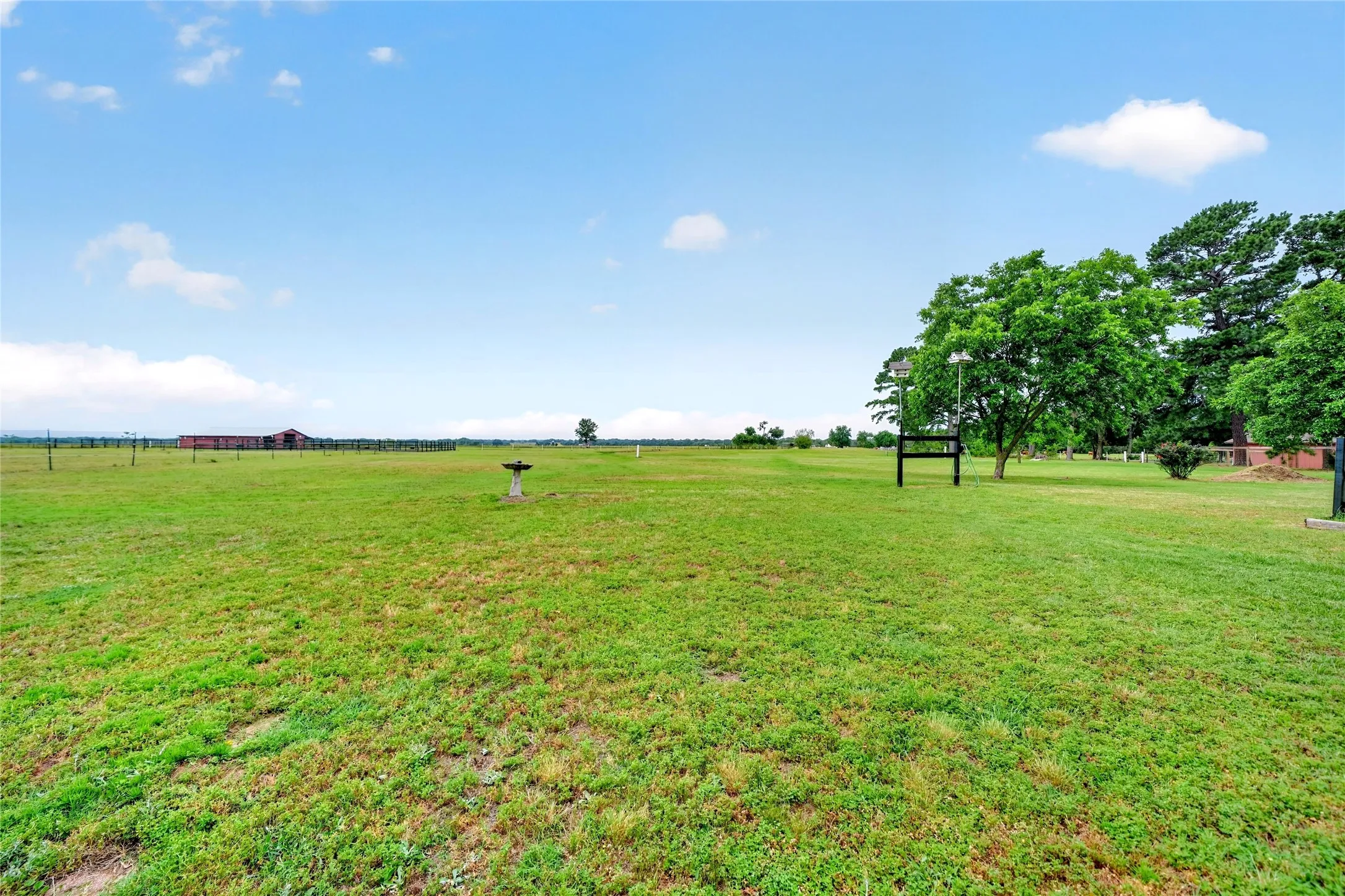 Expansive green space featuring mature trees and a distant agricultural building
