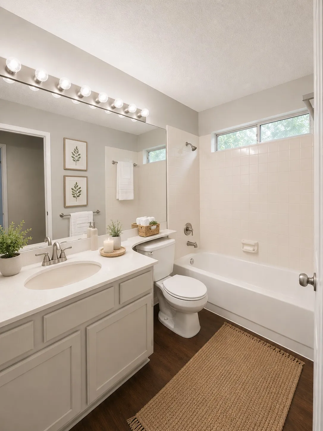 Bathroom featuring a vanity with a white countertop and undermount sink, a full-width mirror with overhead vanity lighting, a white bathtub with tile surround, and wood-finish flooring