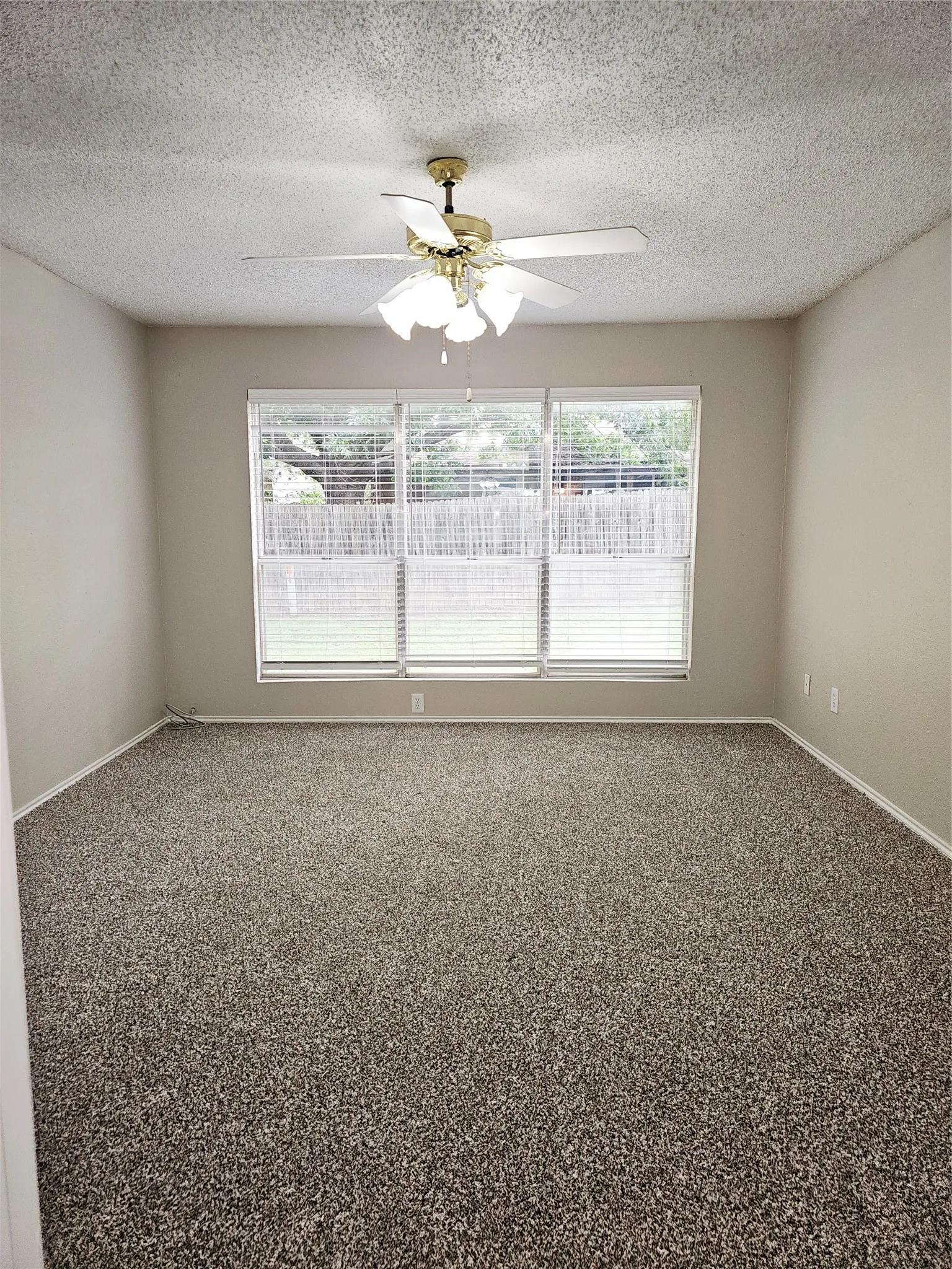 Spacious room featuring neutral carpeting, a ceiling fan with integrated lighting, and three windows offering exterior views