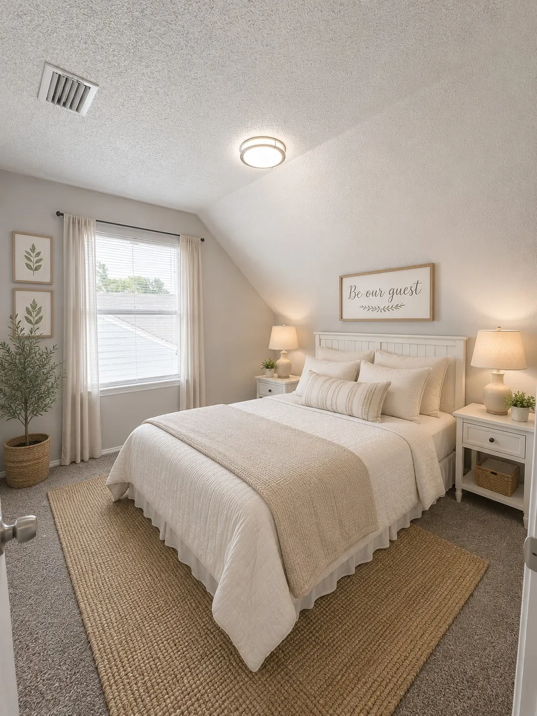 Carpeted room with a ceiling-mounted light fixture, sloped ceiling, and a single window with blinds
