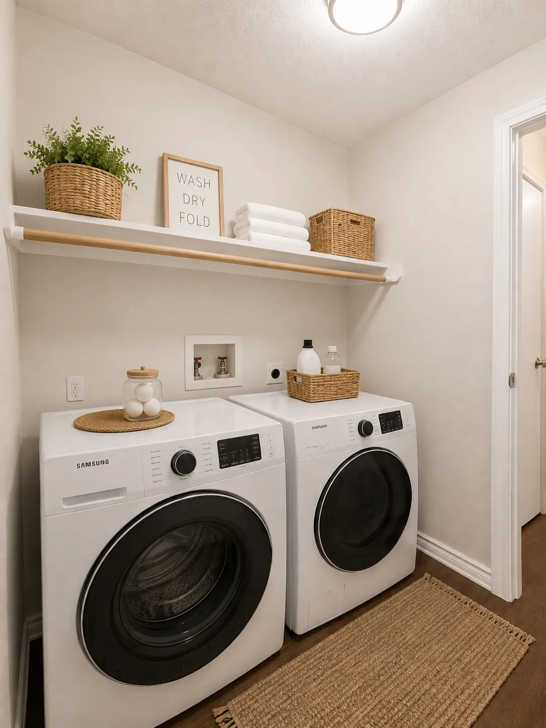 Dedicated laundry area featuring a white floating shelf, a wooden hanging rod, and ceiling-mounted lighting