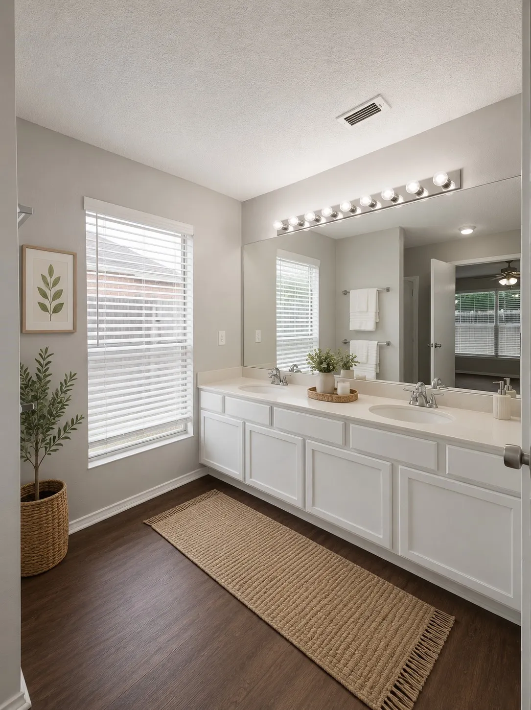 Spacious bathroom featuring a dual vanity with white cabinetry, a large mirror, wood-finish flooring, and a window with blinds