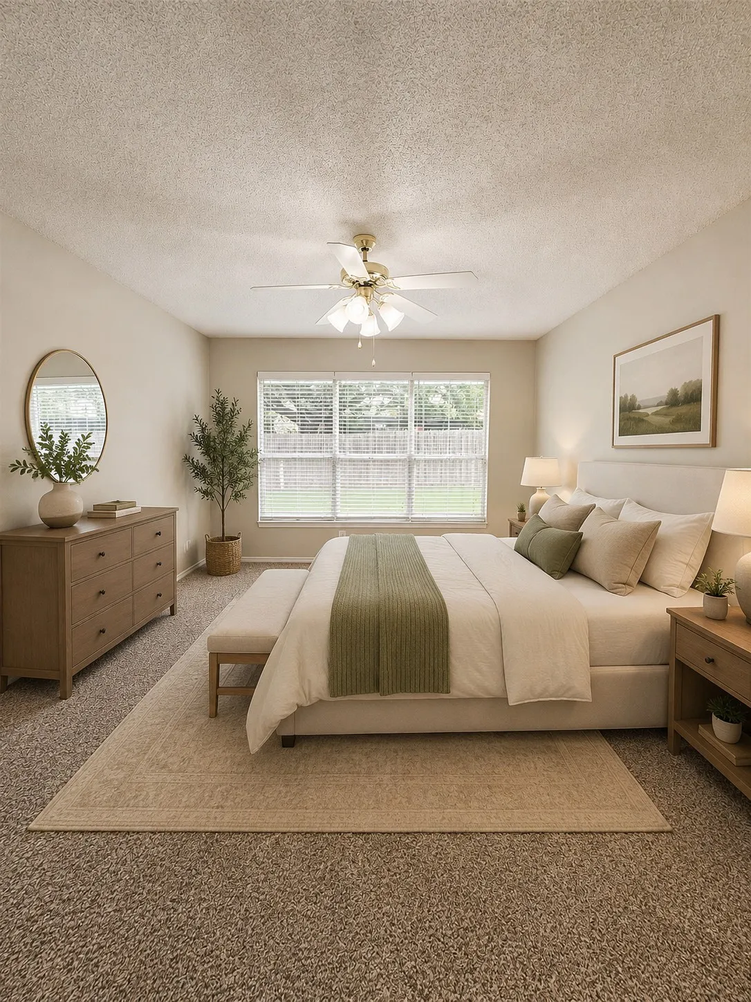 Bedroom featuring a large multi-pane window with blinds, ceiling fan, and carpet flooring