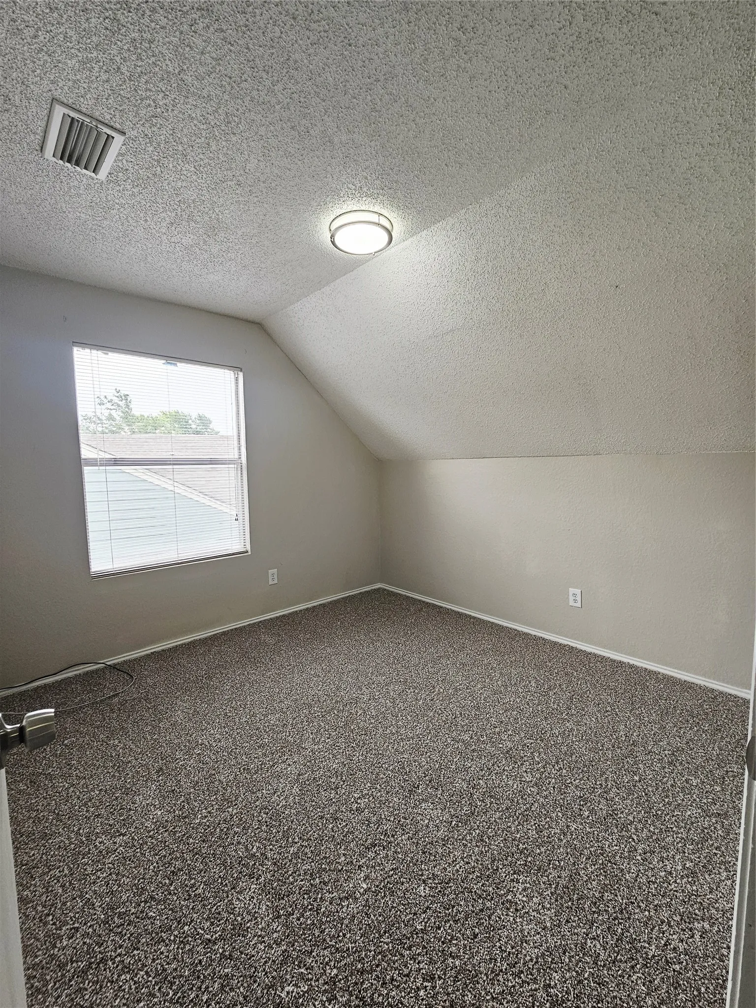 Carpeted room with a vaulted ceiling and a rectangular window