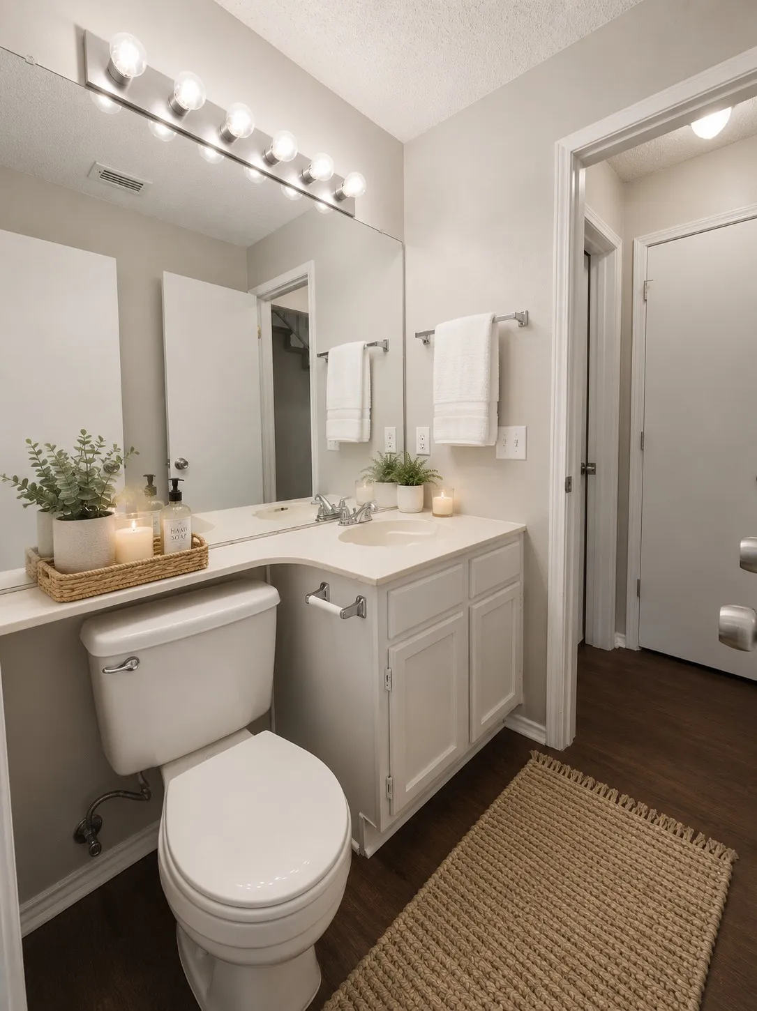 Contemporary vanity with white cabinetry, a white countertop, and an integrated sink
