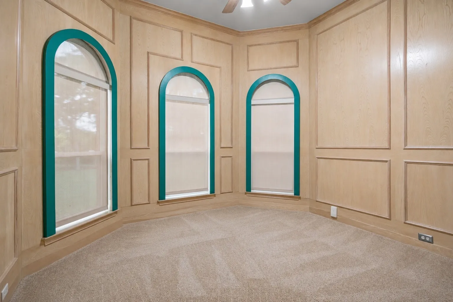 Room featuring light wood paneling with decorative trim, arched window frames with teal accents, roller shades, and carpeting