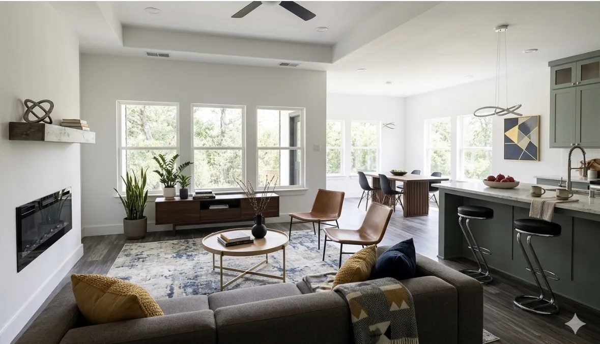 Open concept living area featuring wood-finish flooring, a contemporary electric fireplace with a floating mantel, and multiple large windows