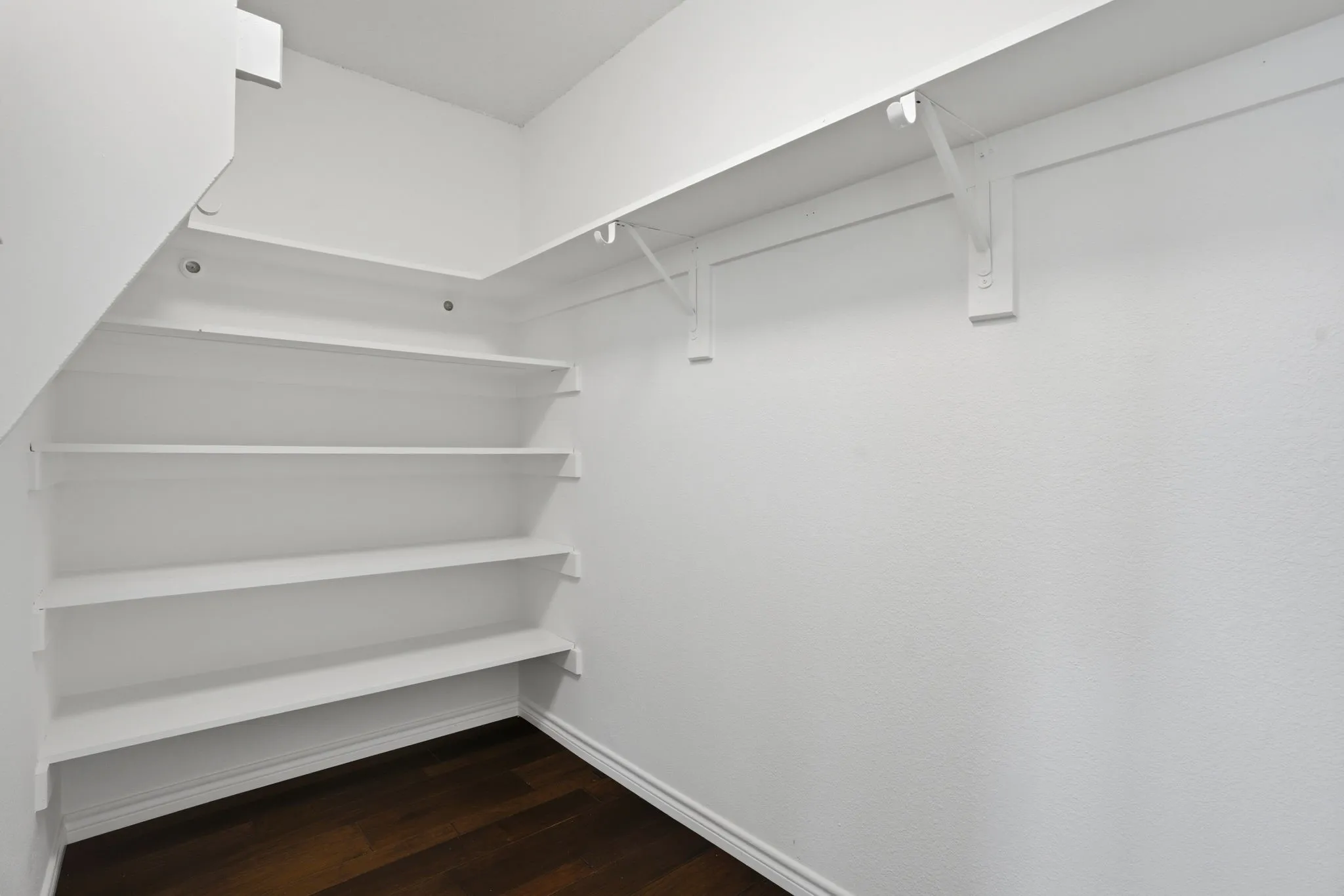 Primary closet with ample storage & built-in shelves, a clothing rod, and dark wood-finish flooring
