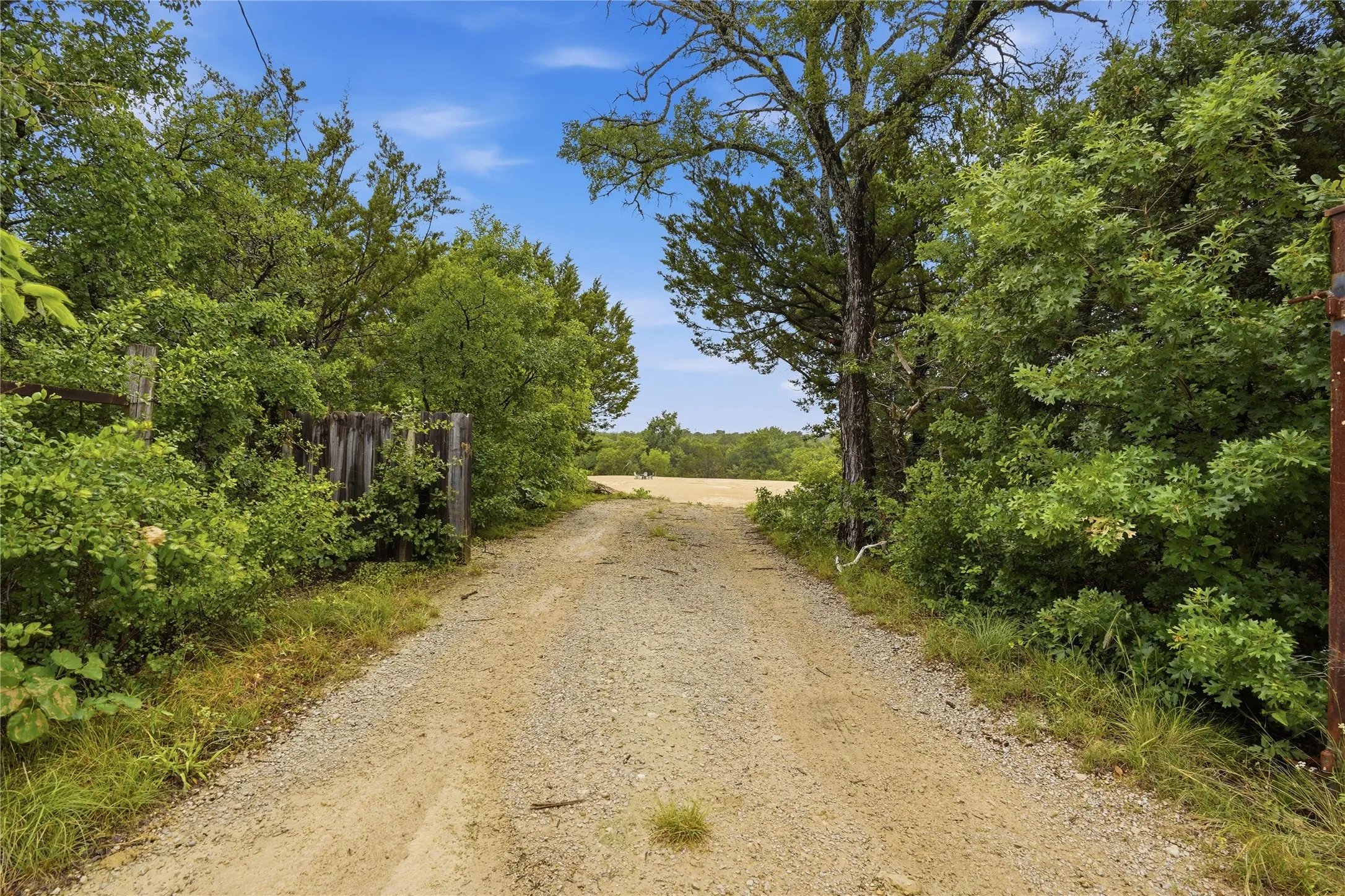 Gravel driveway leading to your homesite framed by dense mature trees and lush green foliage