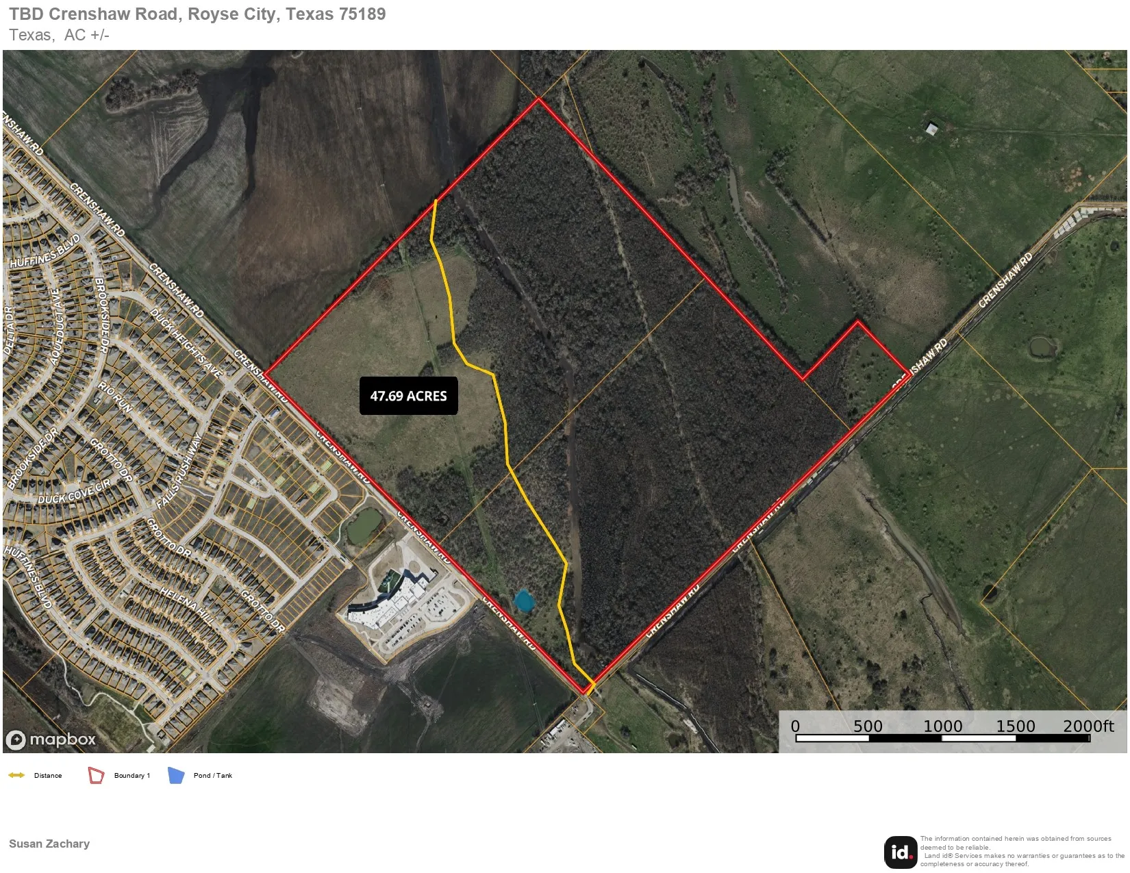 47.69+- acres to be surveyed out of larger 191.205 acres. See above approximate area reflected by yellow border.  Crenshaw road frontage 2,980.41
