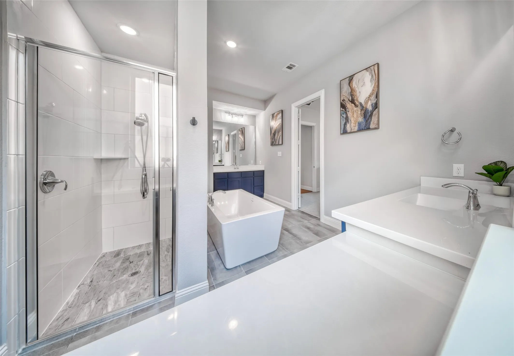 Bathroom featuring vanity, a shower stall, a freestanding tub, and recessed lighting