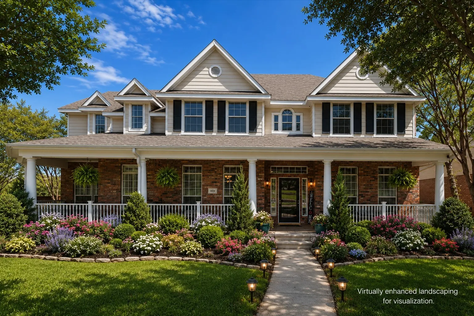 Need a little help imagining landscaping? Have a plant fattish? No problem. Virtually enhanced front photo of home with mature landscaping shows the difference blooming plants make. A full sprinkler system makes upkeep easy. Bring your ideas.