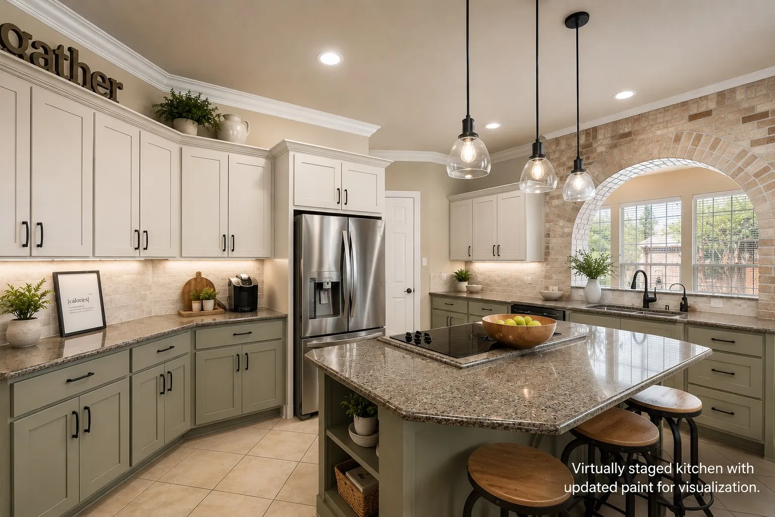 Kitchens are the hardest part for most people to to visualize change. These custom cabinets have great bases and abundant storage. Painting them, changing the hardware and adding accent bases changes the entire look of the kitchen with minimal costs. The neutral tile, granite tops and pendant lights can be reused.