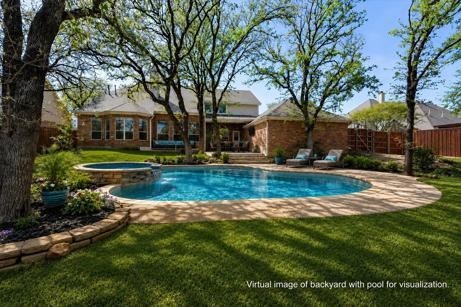 What do you do with all of that yard? This huge lot with towering trees can easily fit a pool with ample yard left over. Here is a little mock up of what we think would look great.