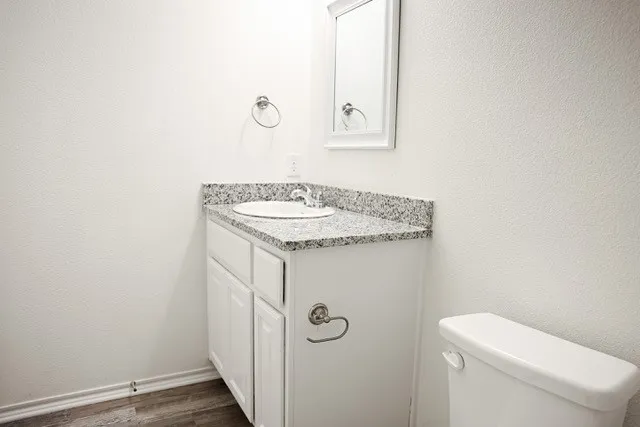 White vanity with a granite-style countertop and integrated sink, complemented by a framed mirror and wood-finish flooring