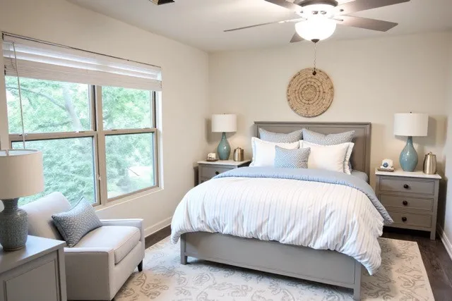 Bright bedroom featuring a large window with horizontal blinds, wood-finish flooring, and a ceiling fan with integrated lighting