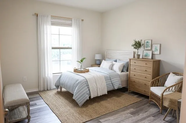 Bedroom featuring wood-finish flooring, a window with blinds and sheer curtains, a light-colored headboard, and neutral wall tones