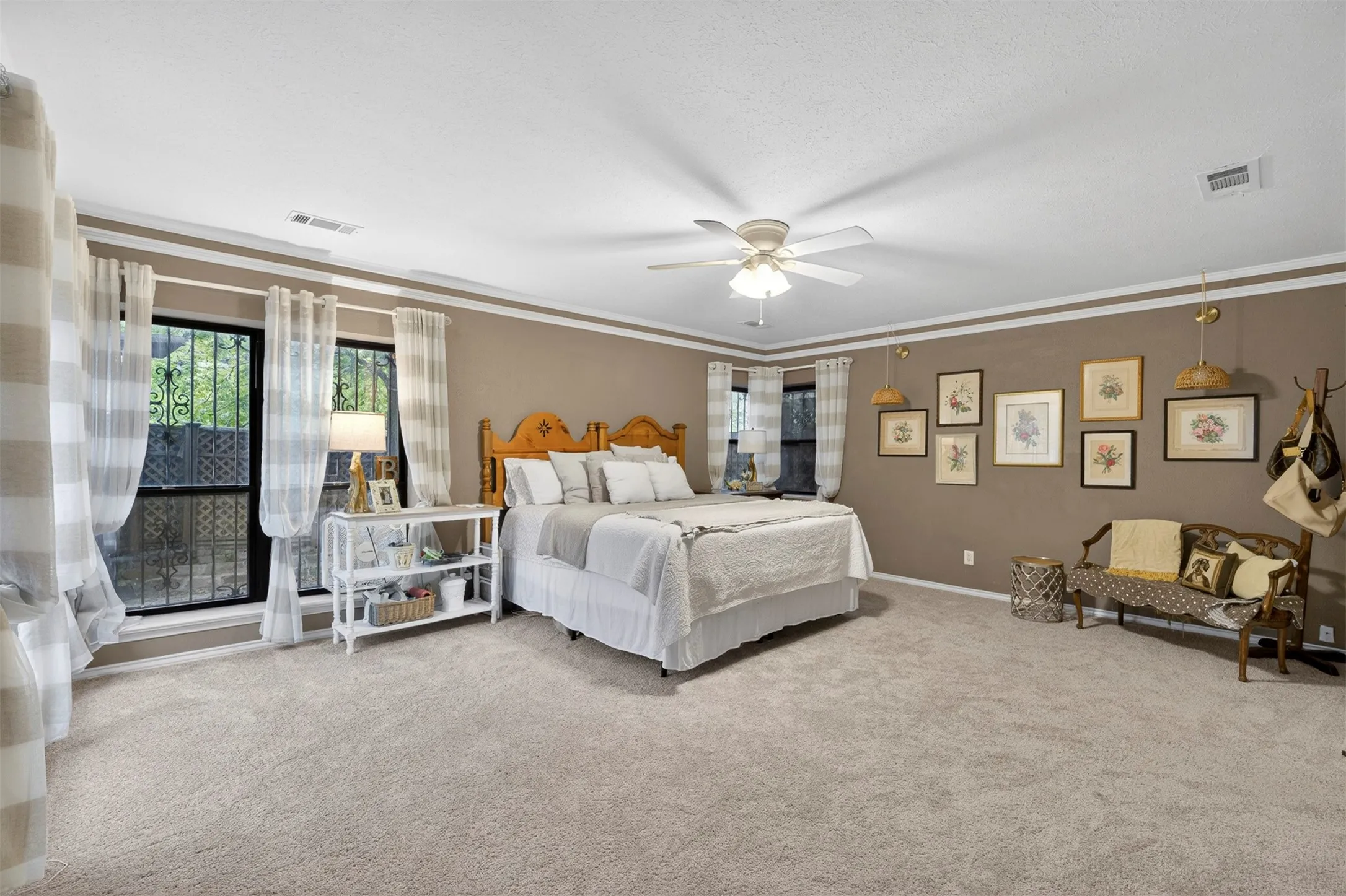 Spacious room featuring neutral carpeting, a ceiling fan, crown molding, and two large windows