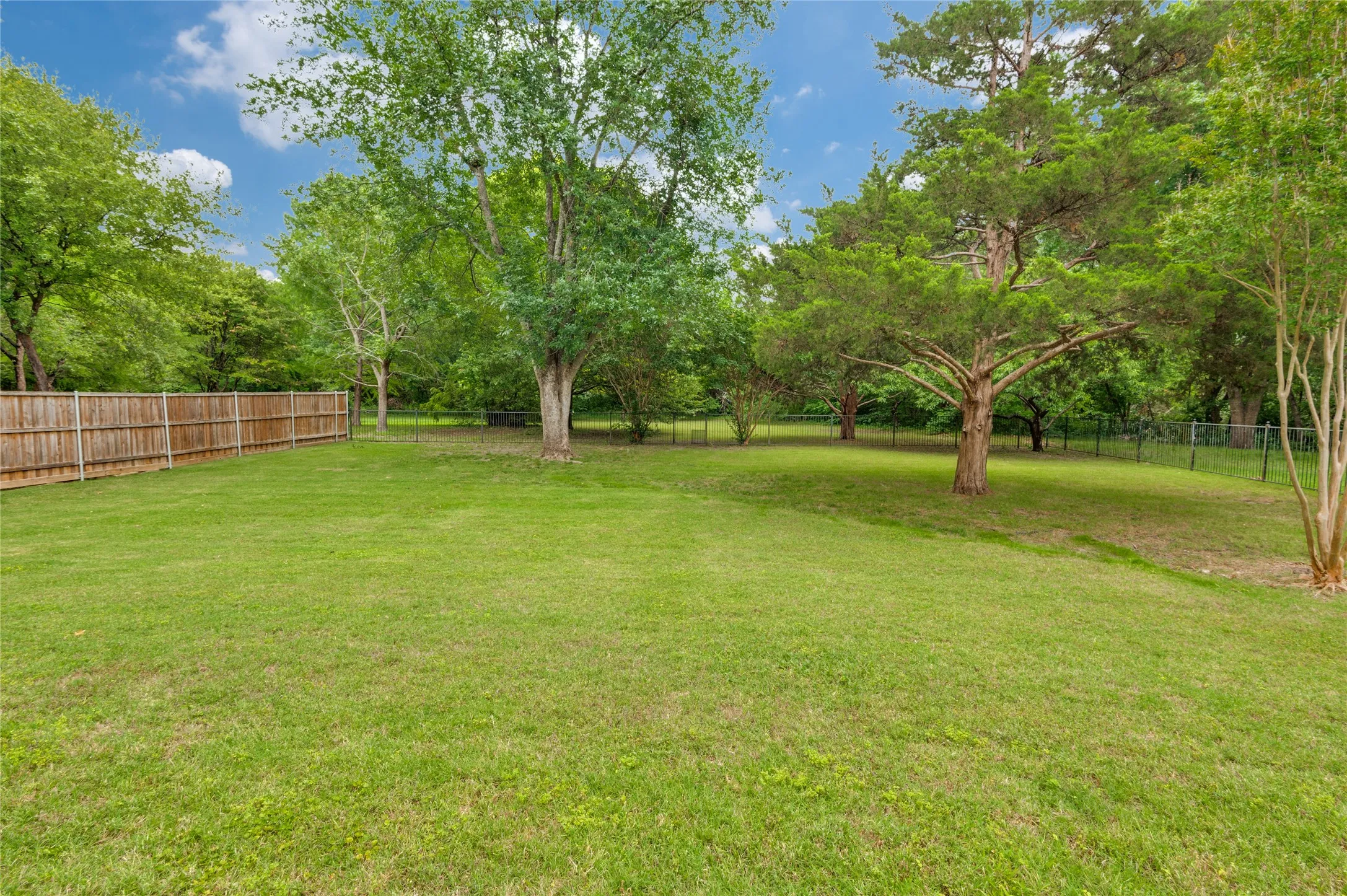 Expansive backyard featuring a manicured lawn, mature trees, a wooden privacy fence, and a chain-link fence