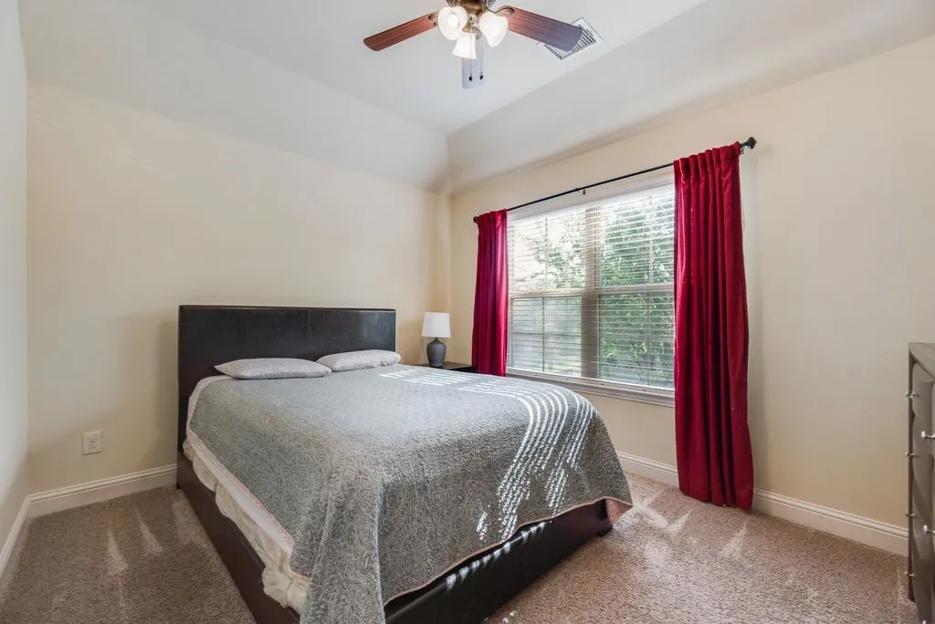Bedroom 2 Recessed ceiling with a wooden-blade ceiling fan