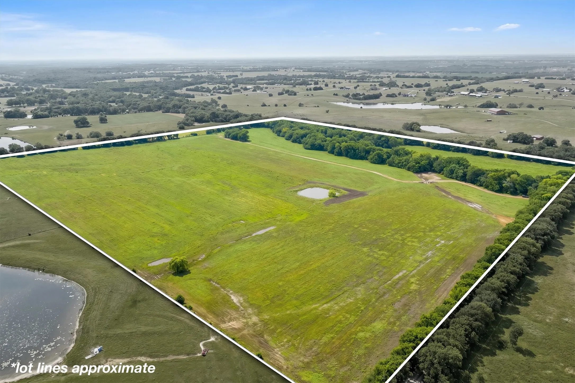 Expansive undeveloped land featuring a large open field, mature perimeter trees, and two visible ponds