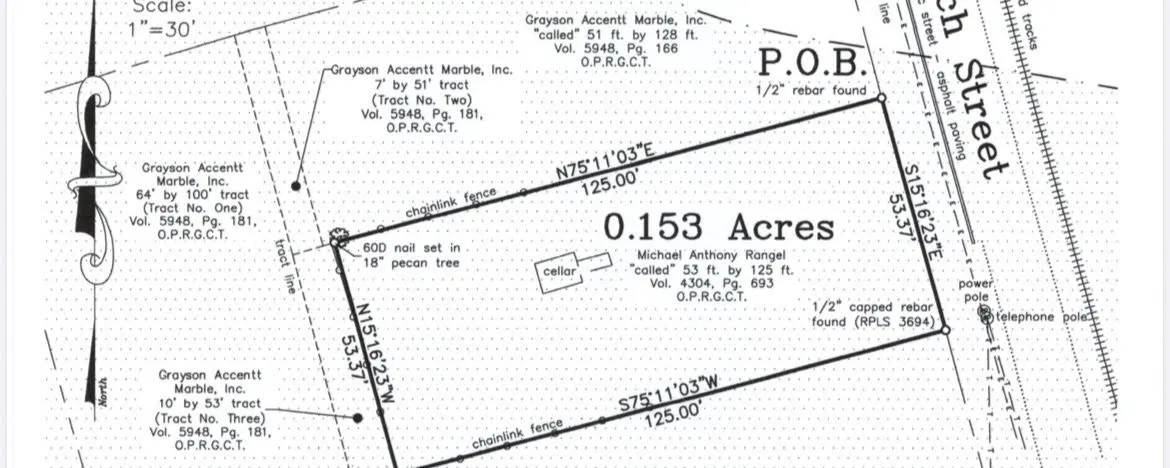 Survey Plat. Detailing the boundaries, dimensions, and area of the property, including adjacent parcels and existing structures