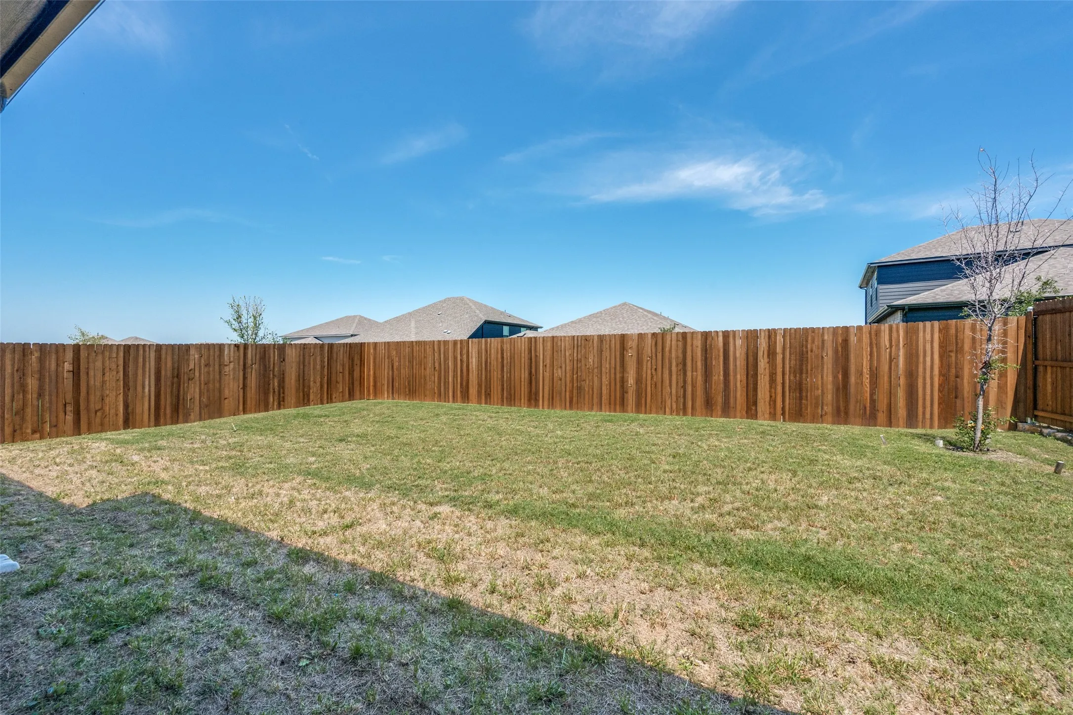 Expansive backyard featuring a large grass lawn and a tall privacy fence