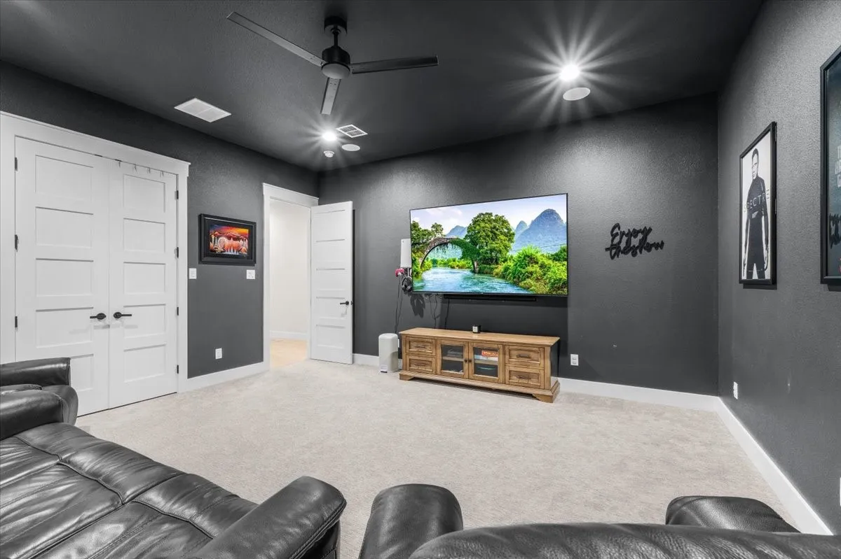 Bedroom or media room with closet.