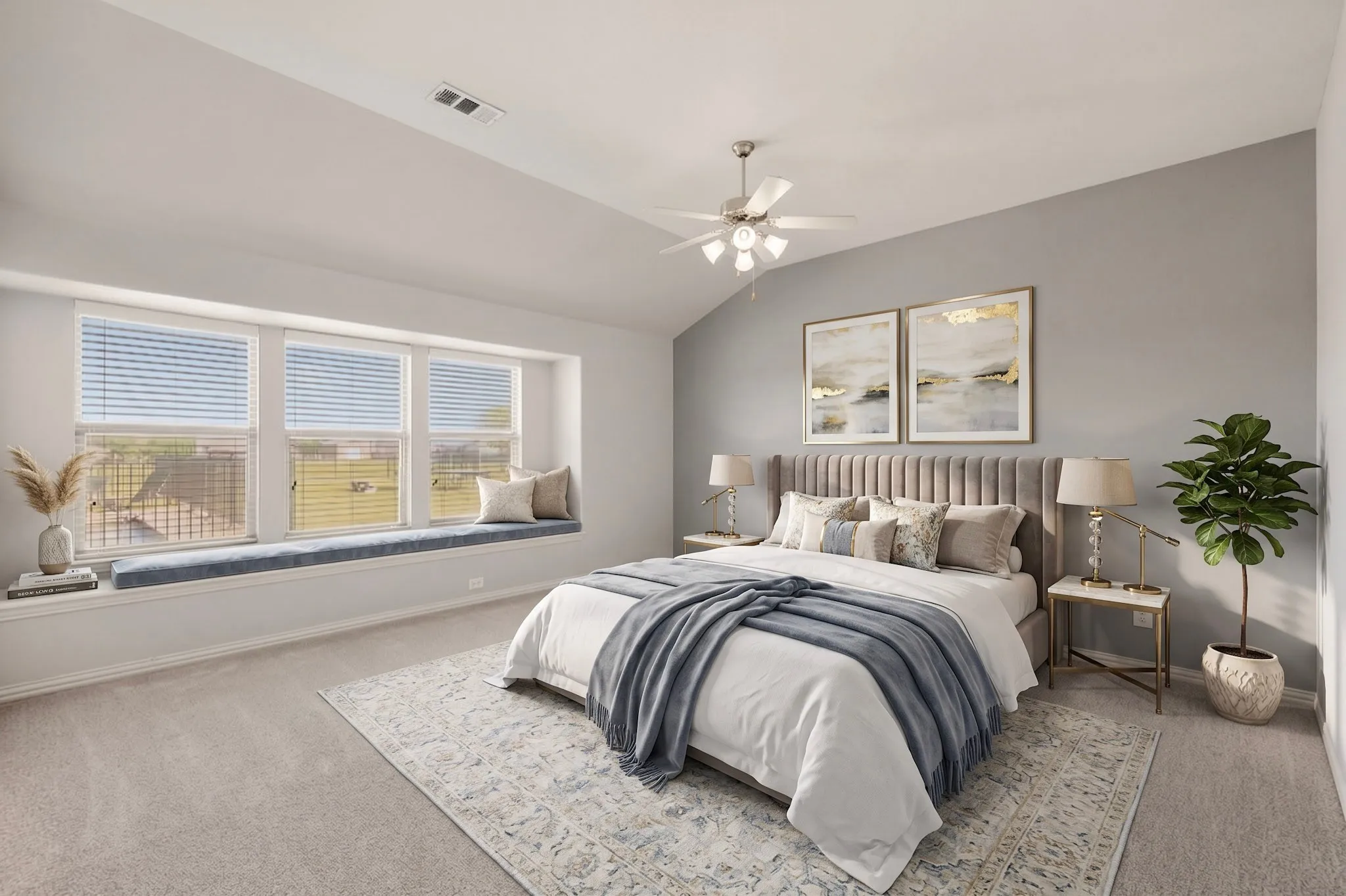 Virtually Staged. Spacious room featuring a deep window seat with three windows, vaulted ceiling, and ceiling fan