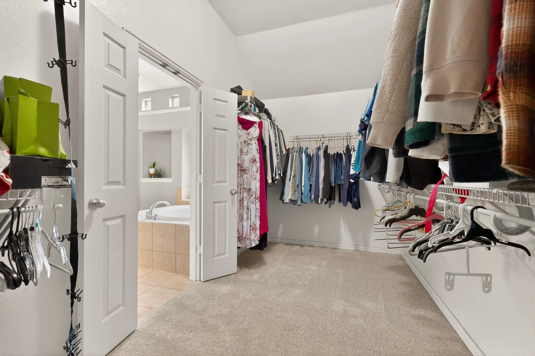 Spacious walk-in closet featuring light-toned carpet flooring, white walls, and extensive wire shelving