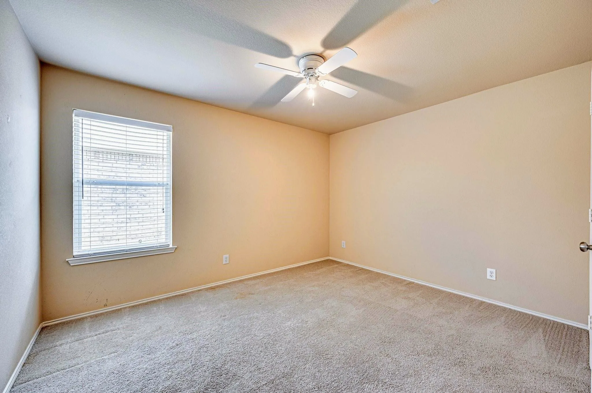 Carpeted room featuring a ceiling fan with integrated lighting, a window with horizontal blinds, and neutral-toned walls