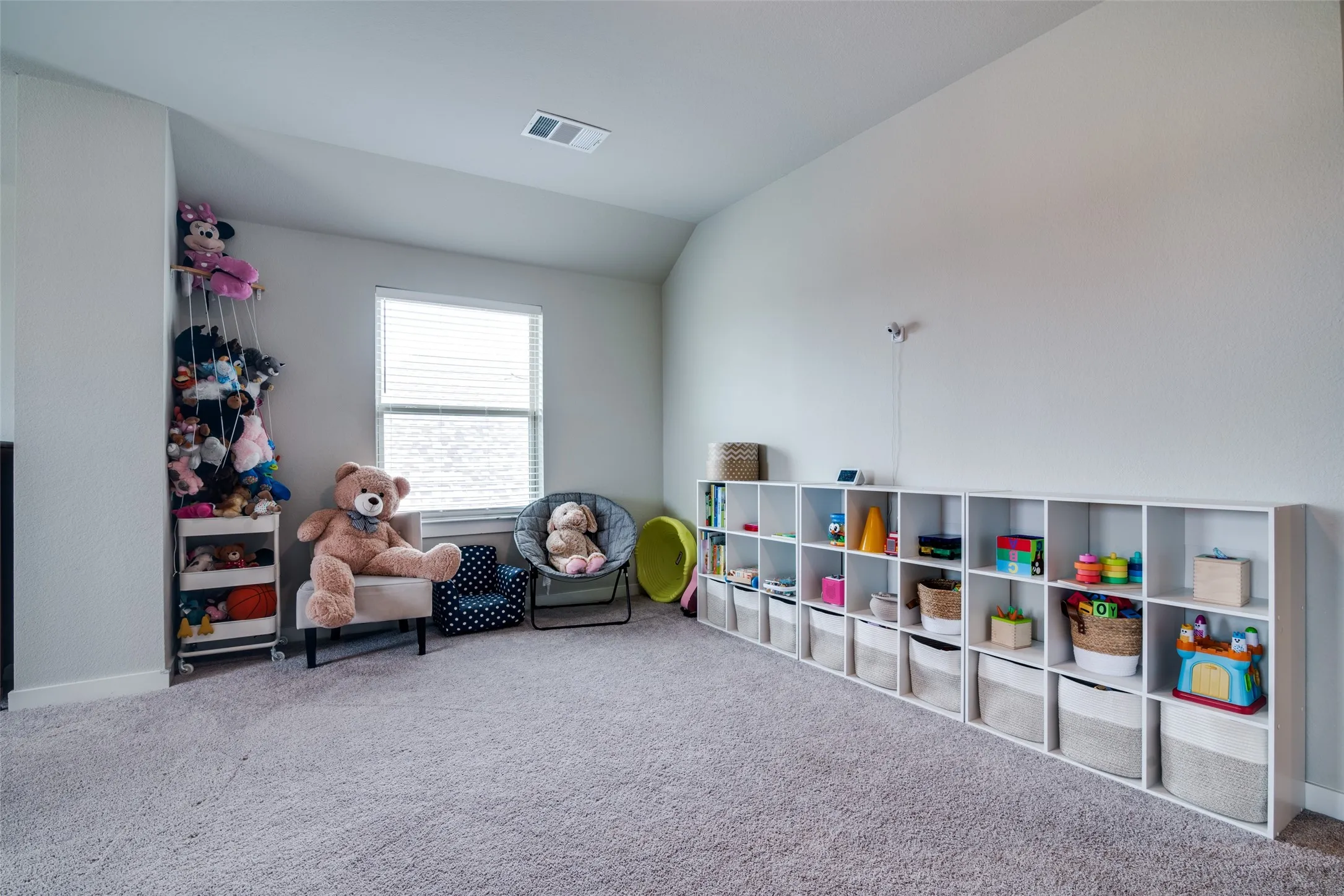Carpeted room featuring a single window with blinds, white walls, and a white cube storage system