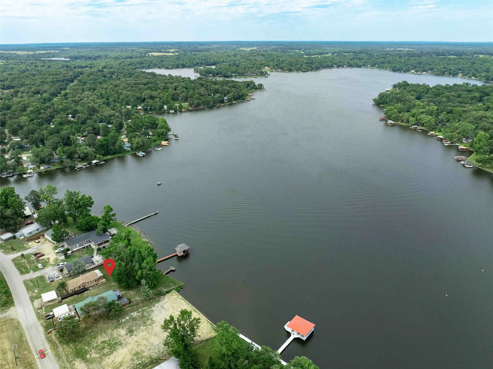 waterfront home.  Note the red marker of home