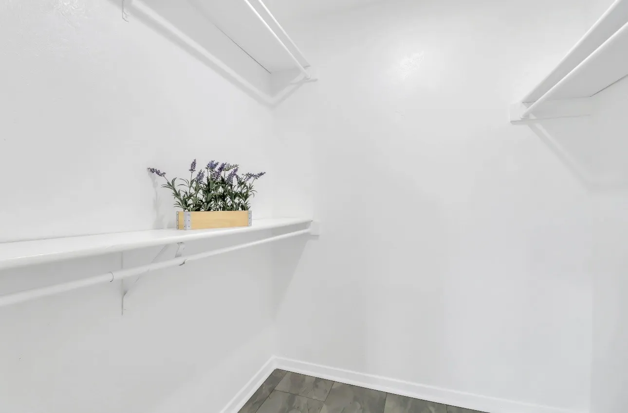 Spacious closet featuring white painted walls, white shelving, white hanging rods, and wood-finish flooring