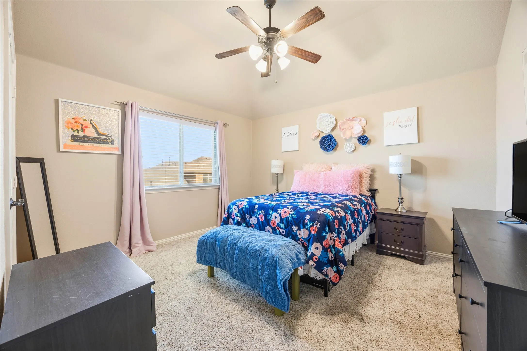 4th bedroom - 2nd floor. Carpeted room featuring a ceiling fan, a window with blinds, and neutral wall paint.