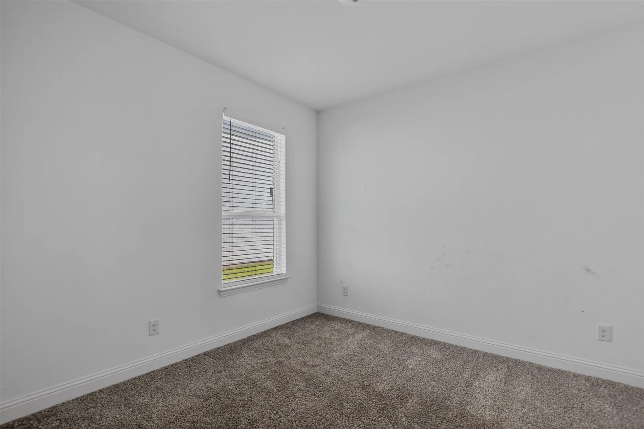 Room featuring neutral carpeting, white walls, and a single window with horizontal blinds