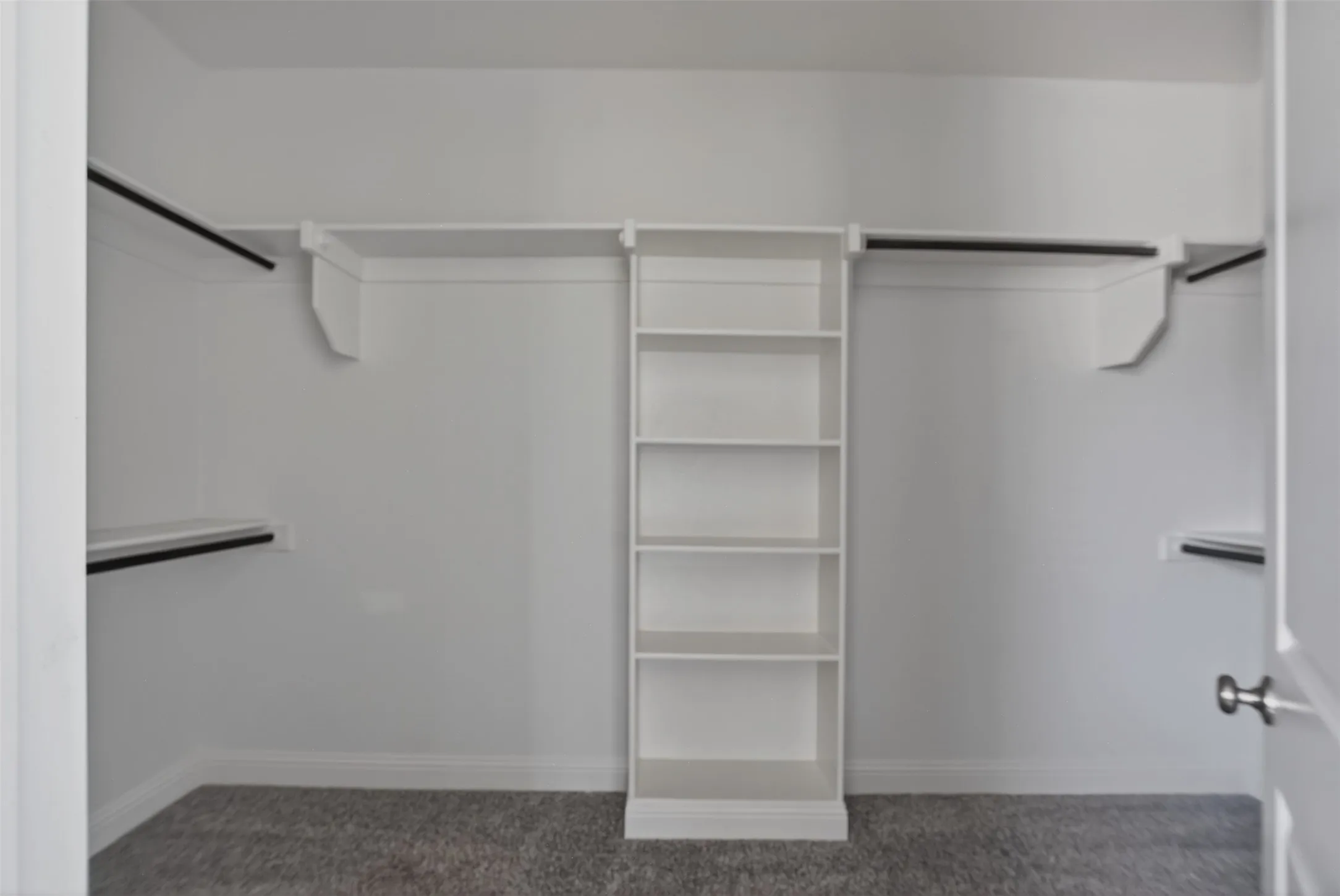 Walk-in closet featuring built-in shelving, multiple hanging rods, white walls, white trim, and grey carpet flooring