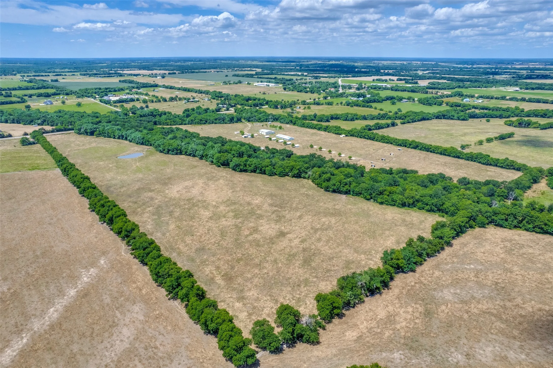 Expansive acreage featuring natural tree lines, a visible pond, and open fields
